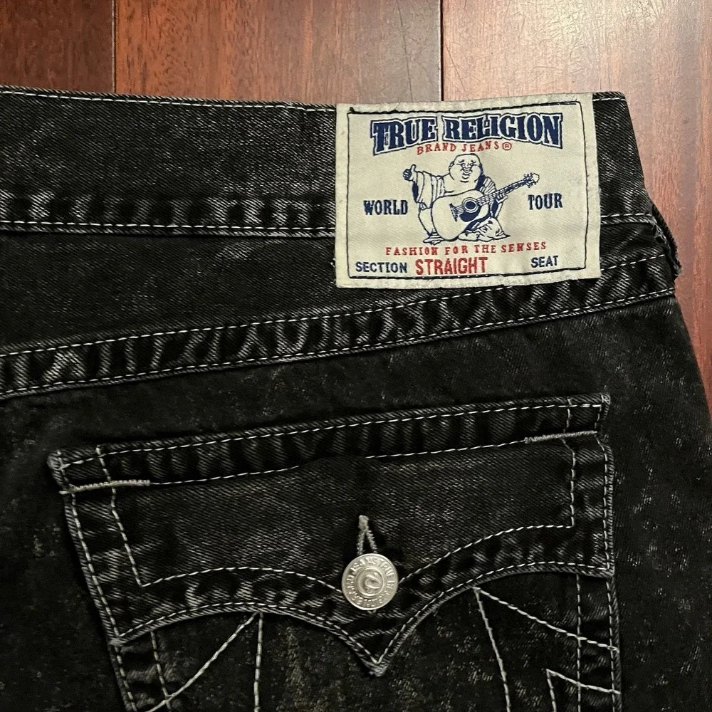 True Religion Jeans Men 40 Black Ricky Flap World Tour Straight Baggy 42x29 Y2k